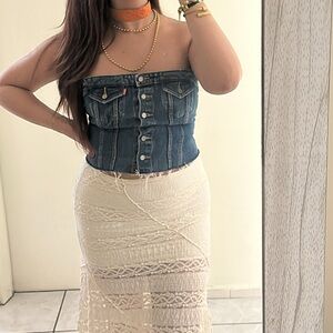 Denim short and denim strapless top